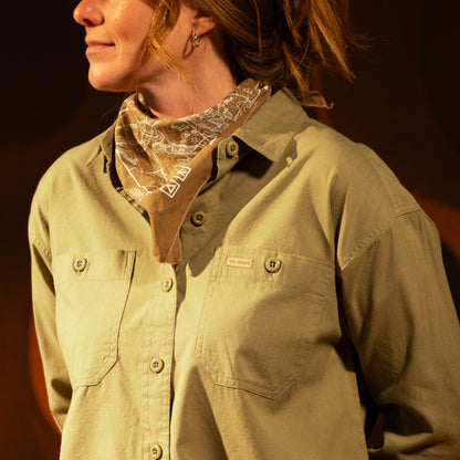 General image of female model in studio wearing Topo Designs Daytripper Shirt Long Sleeve - Women's