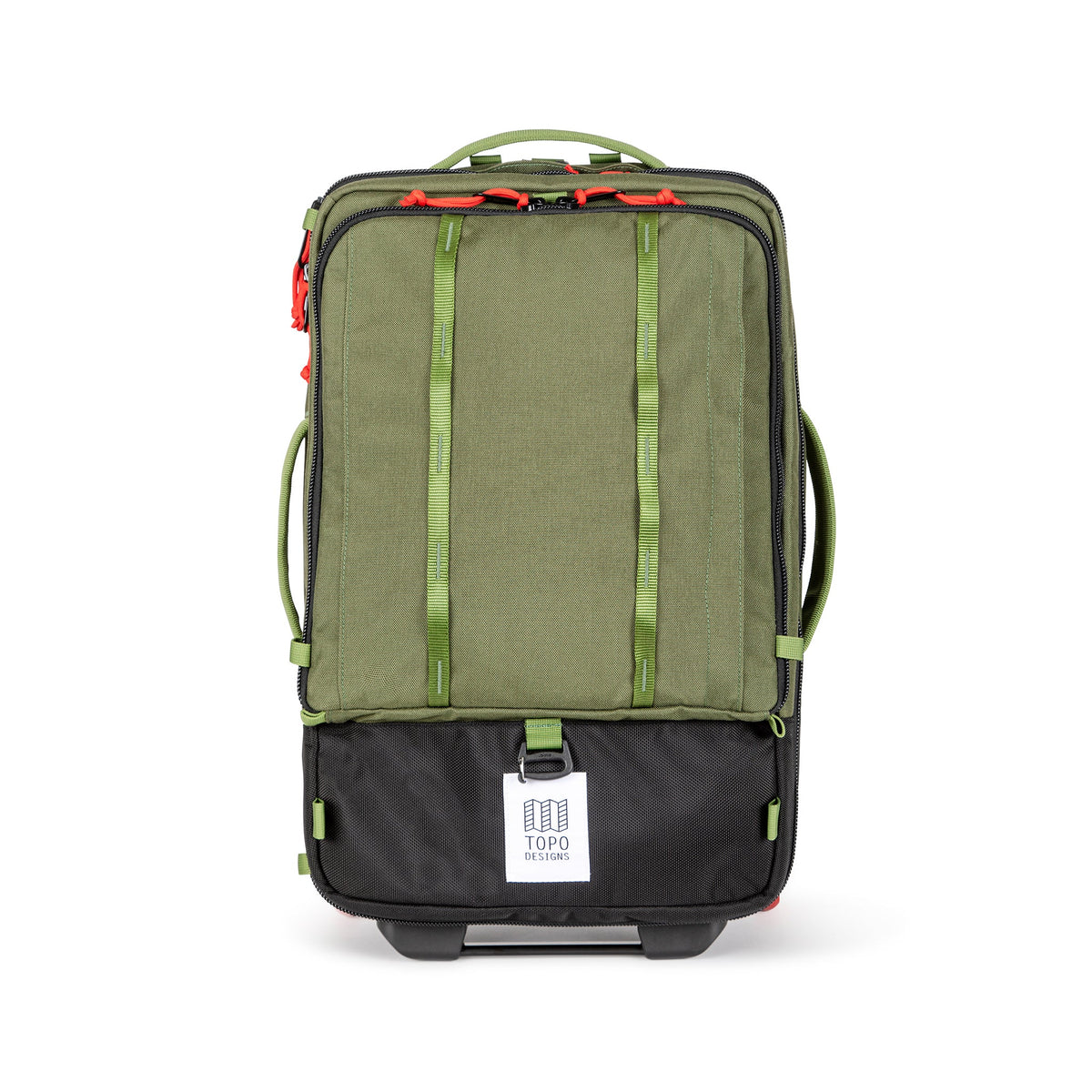 Topo Designs Global Travel Bag Roller durable carry-on convertible laptop backpack rolling suitcase in "Olive" green.