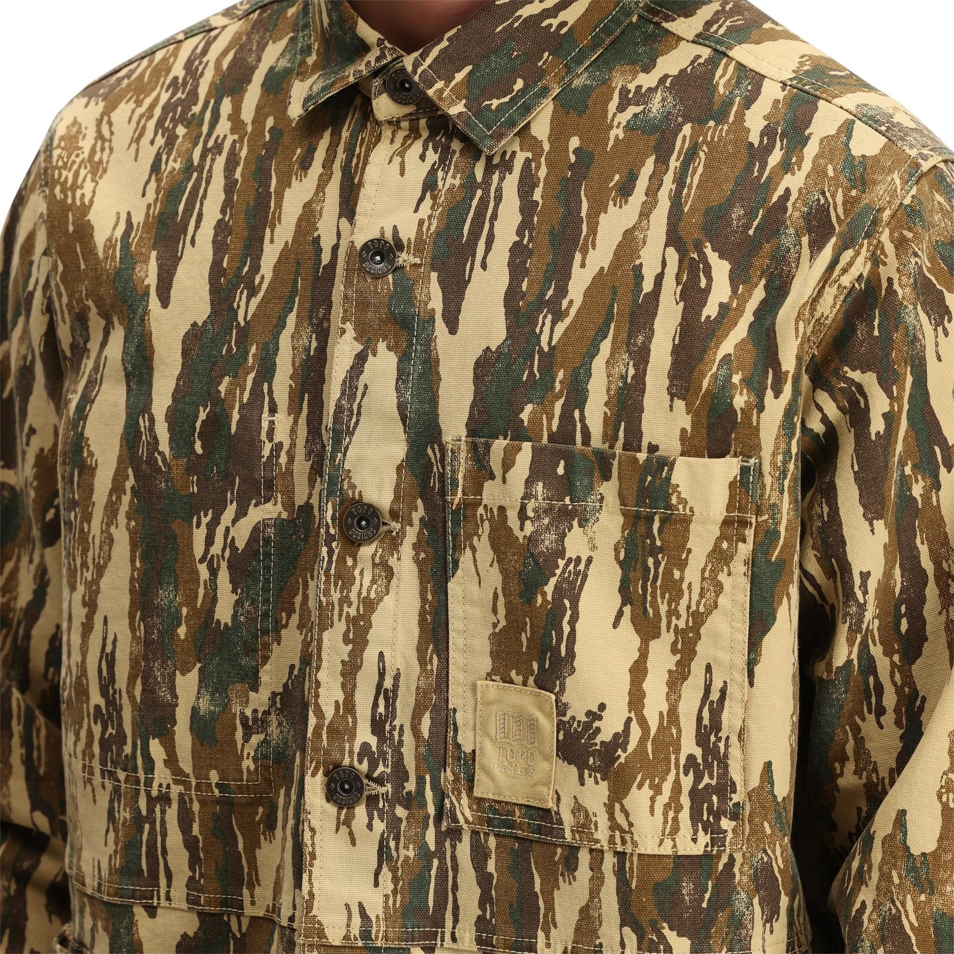 Detail shot of Topo Designs Dirt Utility Jacket - Men's in "Dirt Camo Print"
