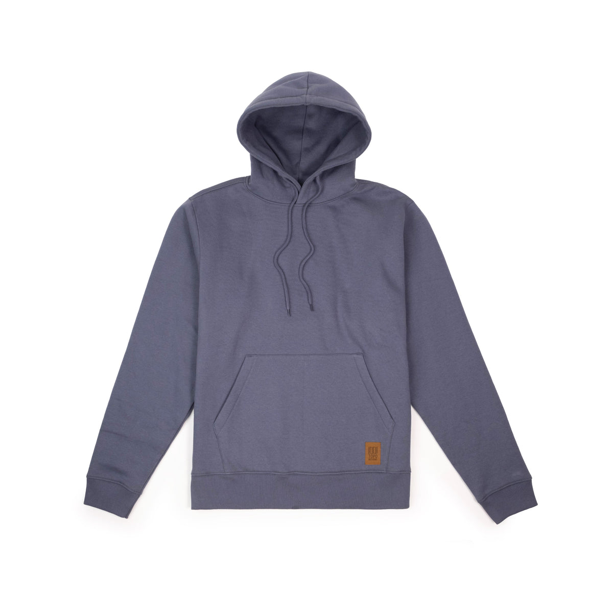 Front View of Topo Designs Alpine High Label Hoodie in "Stone Blue"