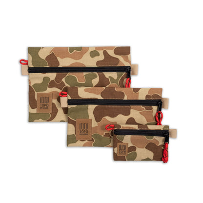 Topo Designs Accessory Bags - product shot of the "Medium", "Small", and "Micro" accessory bags in "Duck Camo"