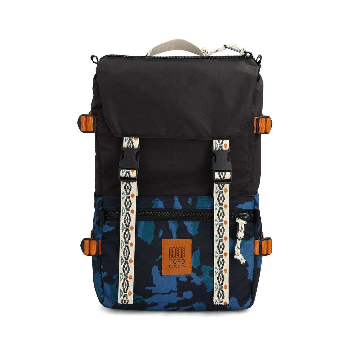 Front View of Topo Designs Rover Pack Classic in "Black / Tectonic"
