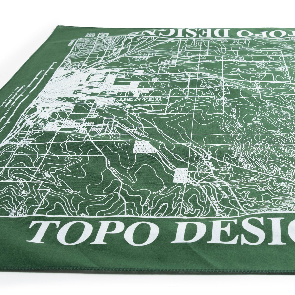 Topo Designs x Pine Printshop Bandana in "Denver Forest" flat lay detail