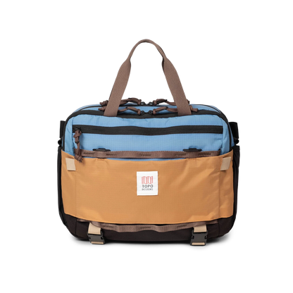 Front View of Topo Designs Mountain Cross Bag in "River Blue / Brown Oak"