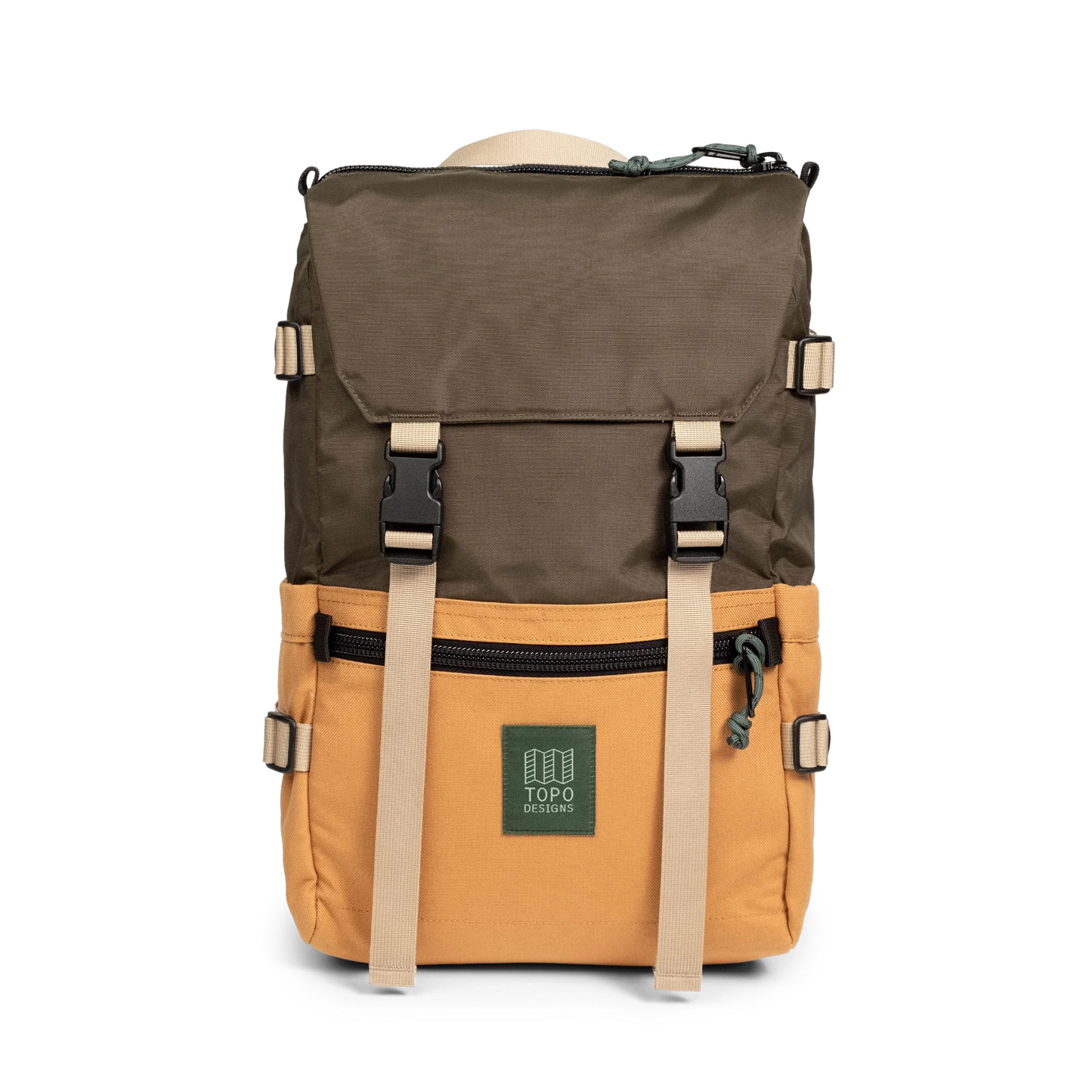 Front View of Topo Designs Rover Pack Classic in "Woodland / Brown Oak"