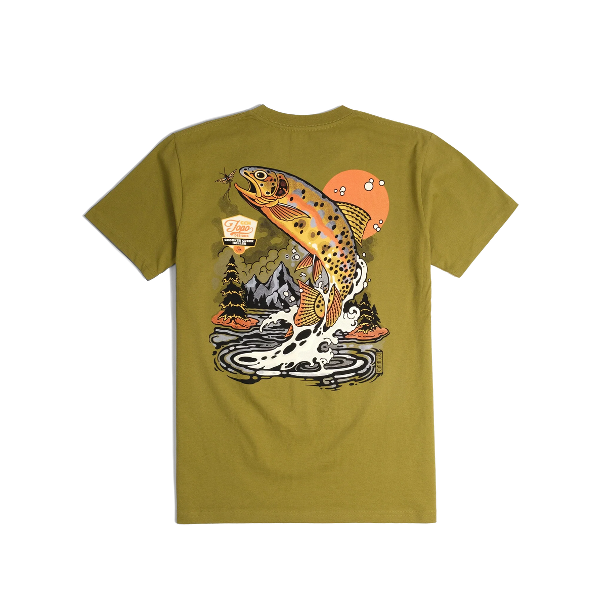 Back shot of Topo Designs x CCH x Pine Printshop Golden Trout Tee in "Moss"