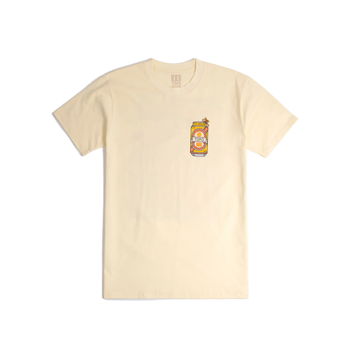 Front shot of Topo Designs x CCH x Pine Printshop Urban Angler Tee in "Butter"