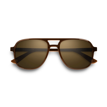 General front view of VALLON X Topo Designs sunglasses in "Brown / Brown" with sunglass arms closed.