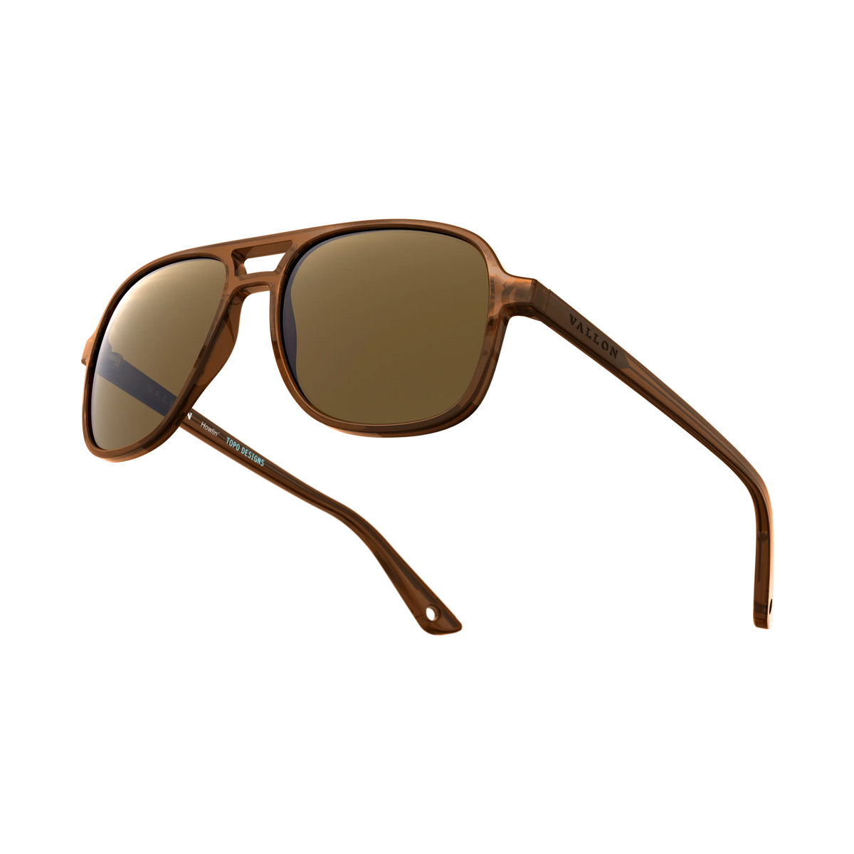 General alternate angled view of VALLON X Topo Designs sunglasses in "Brown / Brown" with sunglass arms open.