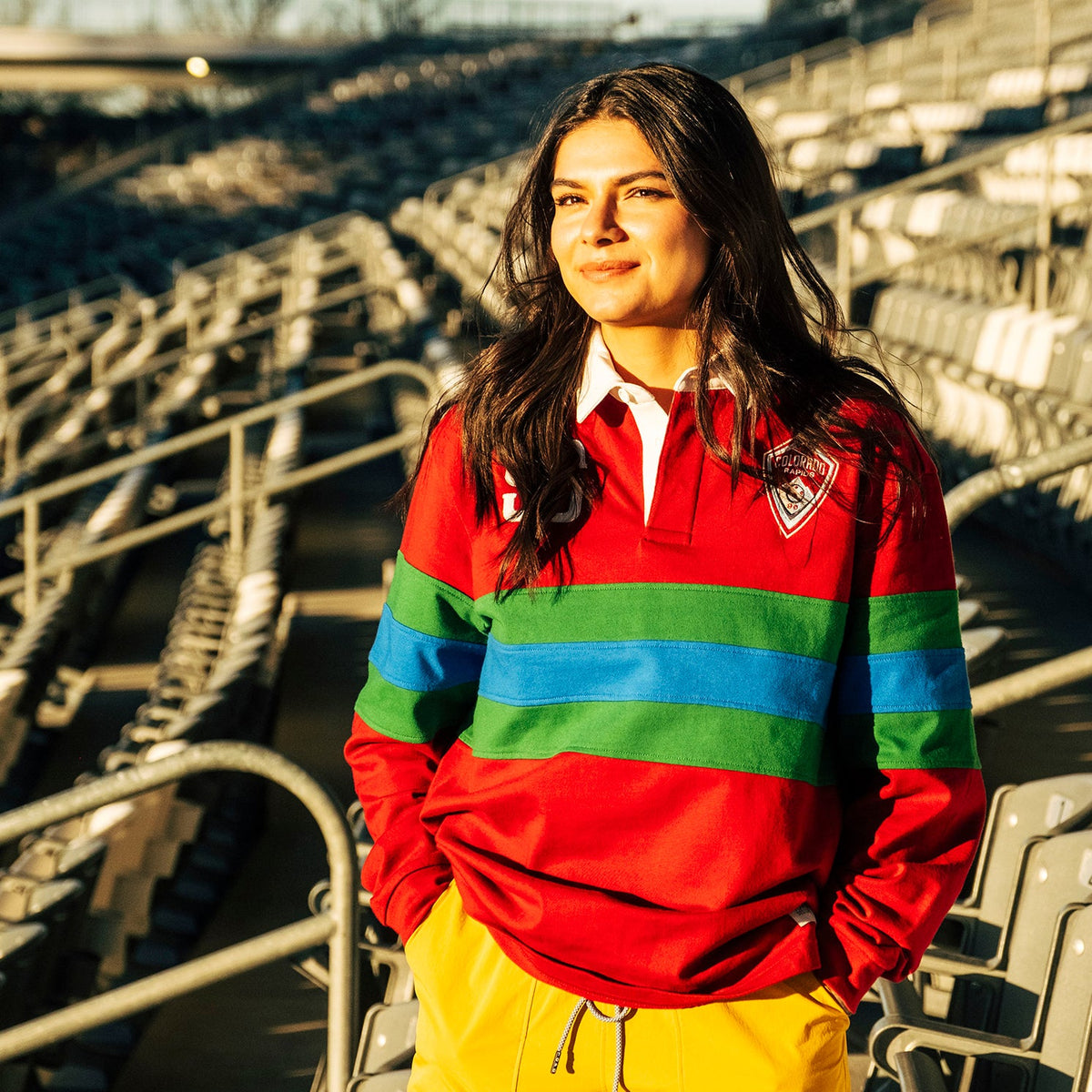 General lifestyle shot of Topo Designs x Colorado Rapids Mountain Rugby Shirt