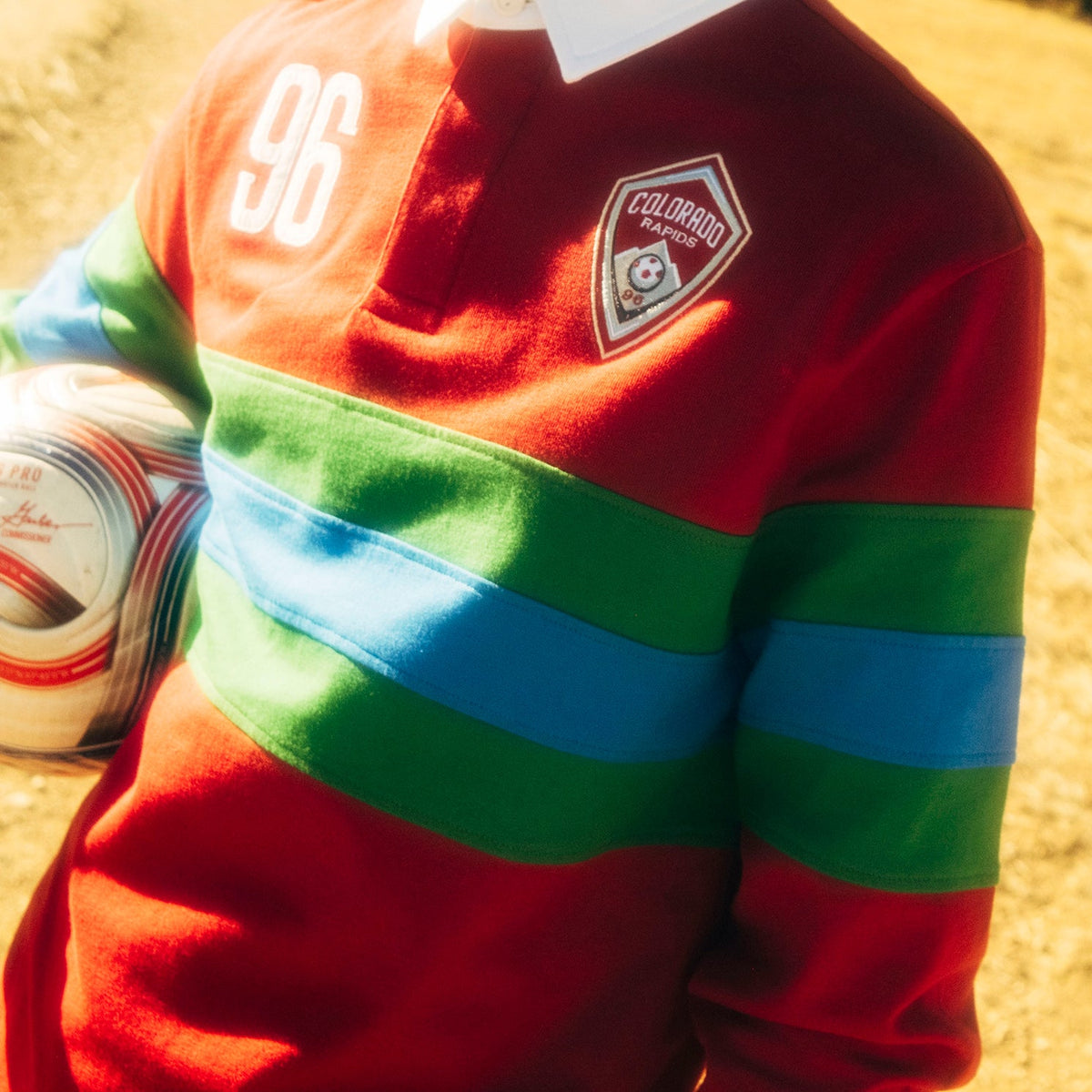 General lifestyle shot of Topo Designs x Colorado Rapids Mountain Rugby Shirt