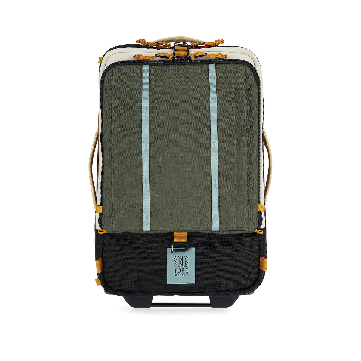 Front View of Topo Designs Global Travel Bag Roller in "Bone White / Olive"