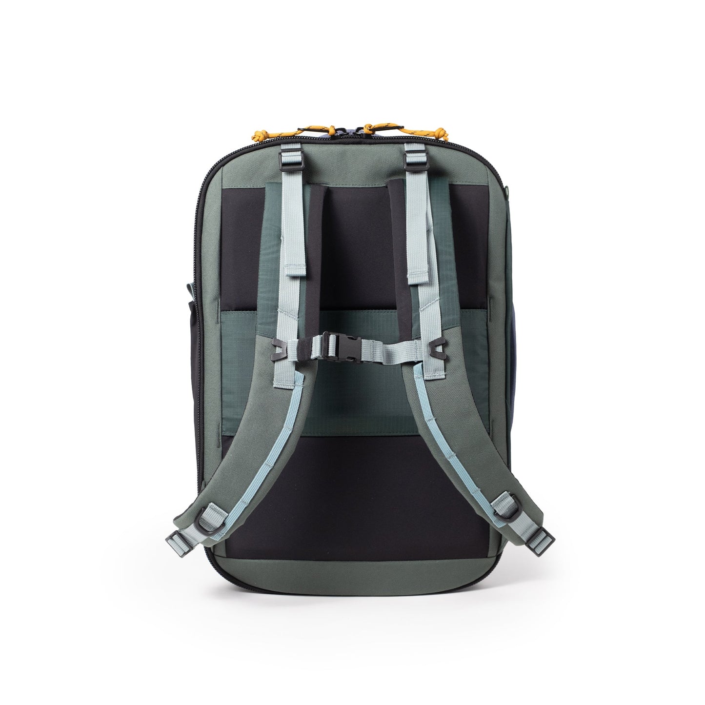 Back View of Topo Designs Global Travel Backpack in "Stone Blue / Forest"