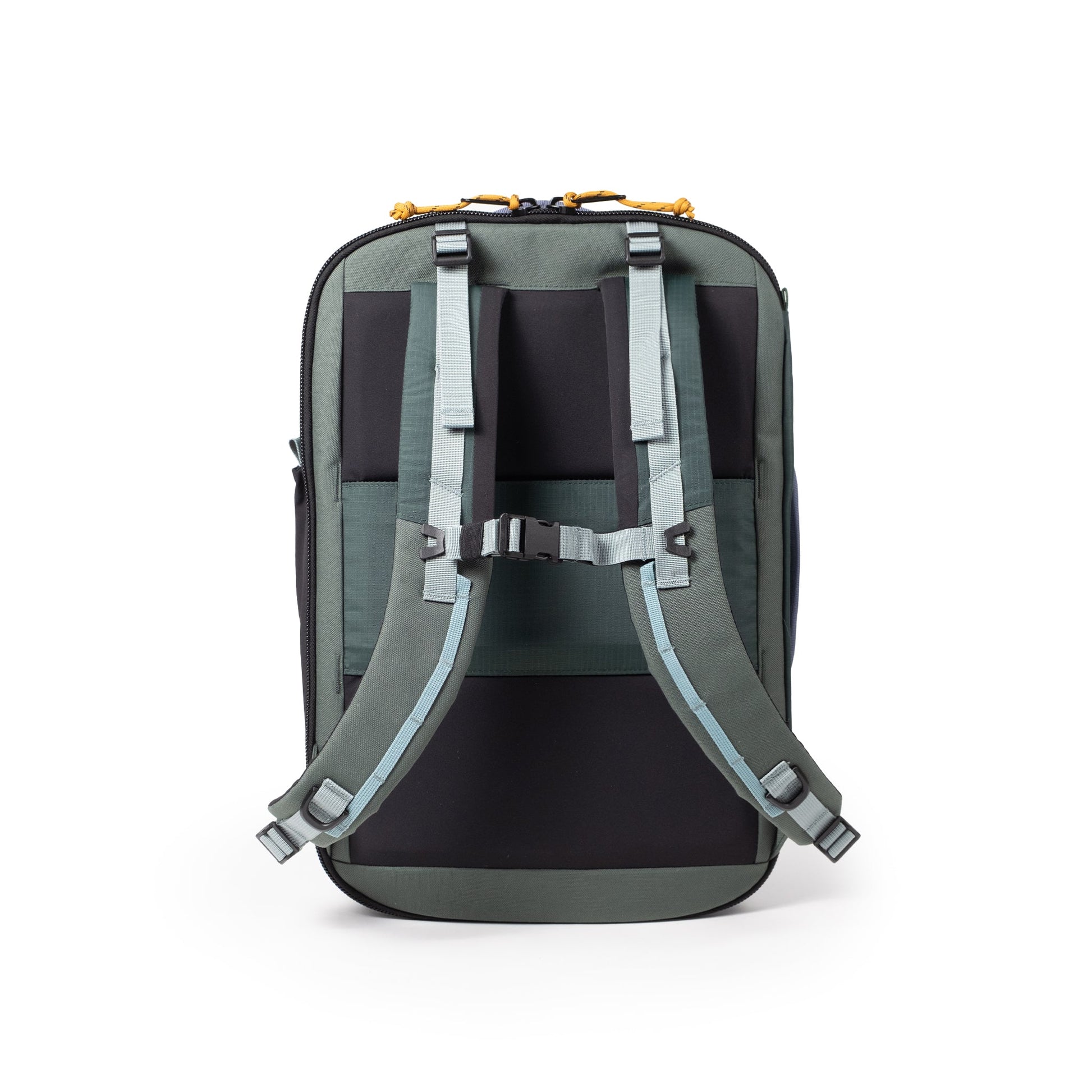 Back View of Topo Designs Global Travel Backpack in "Stone Blue / Forest"