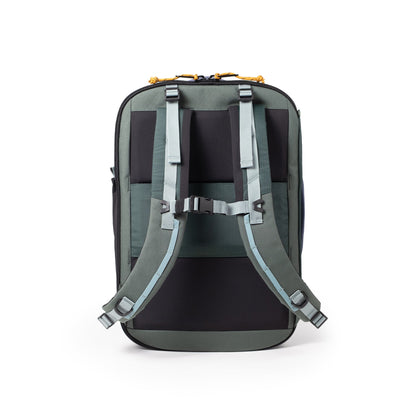 Back View of Topo Designs Global Travel Backpack in "Stone Blue / Forest"