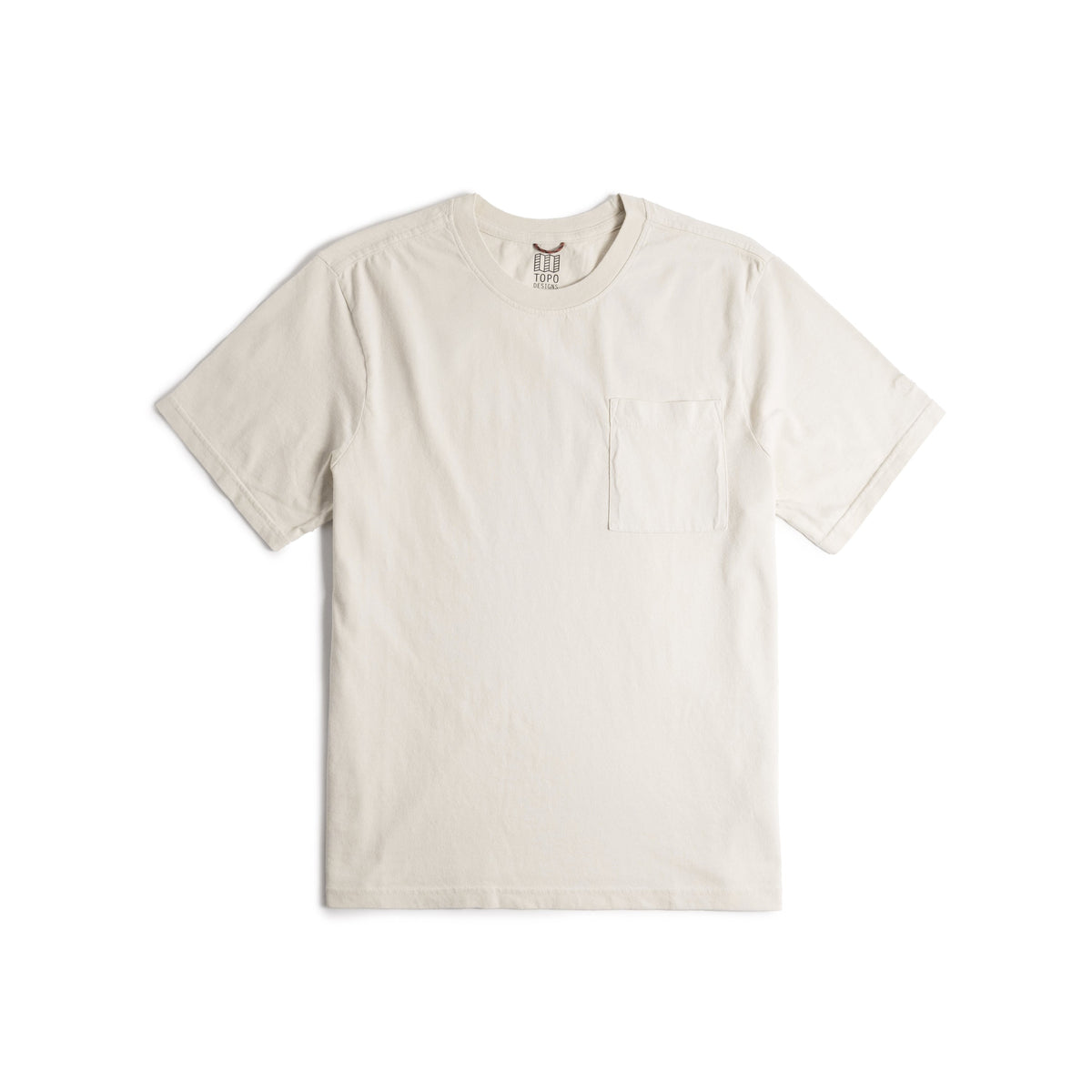 Front flat lay image on white background of Topo Designs Dirt Pocket Tee - Men's in "Bone White"
