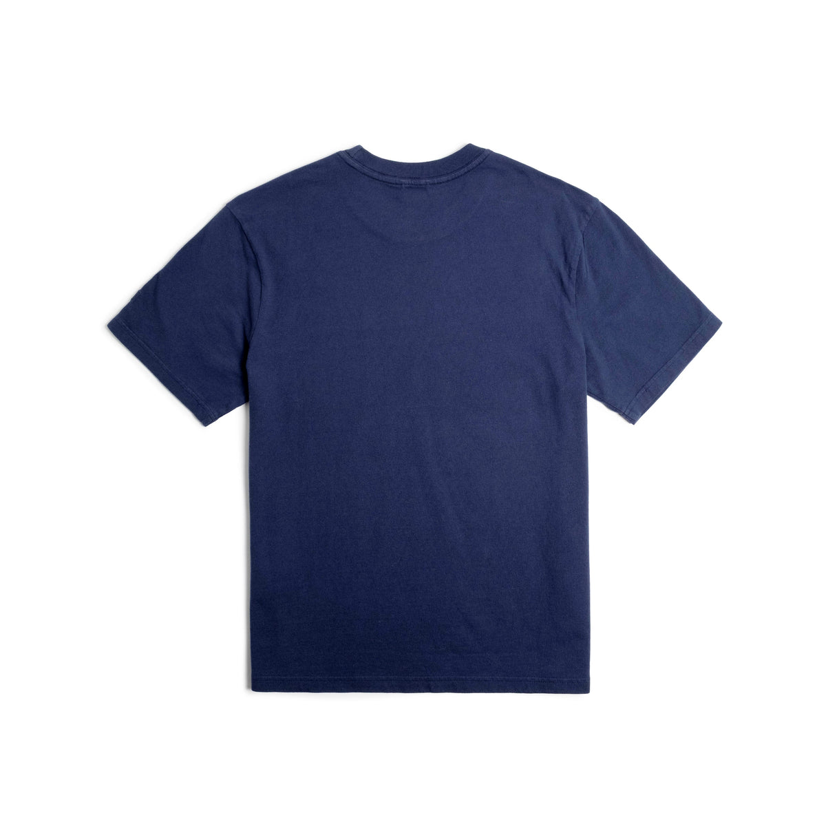 Back flat lay image on white background of Topo Designs Dirt Pocket Tee - Men's in "Midnight"
