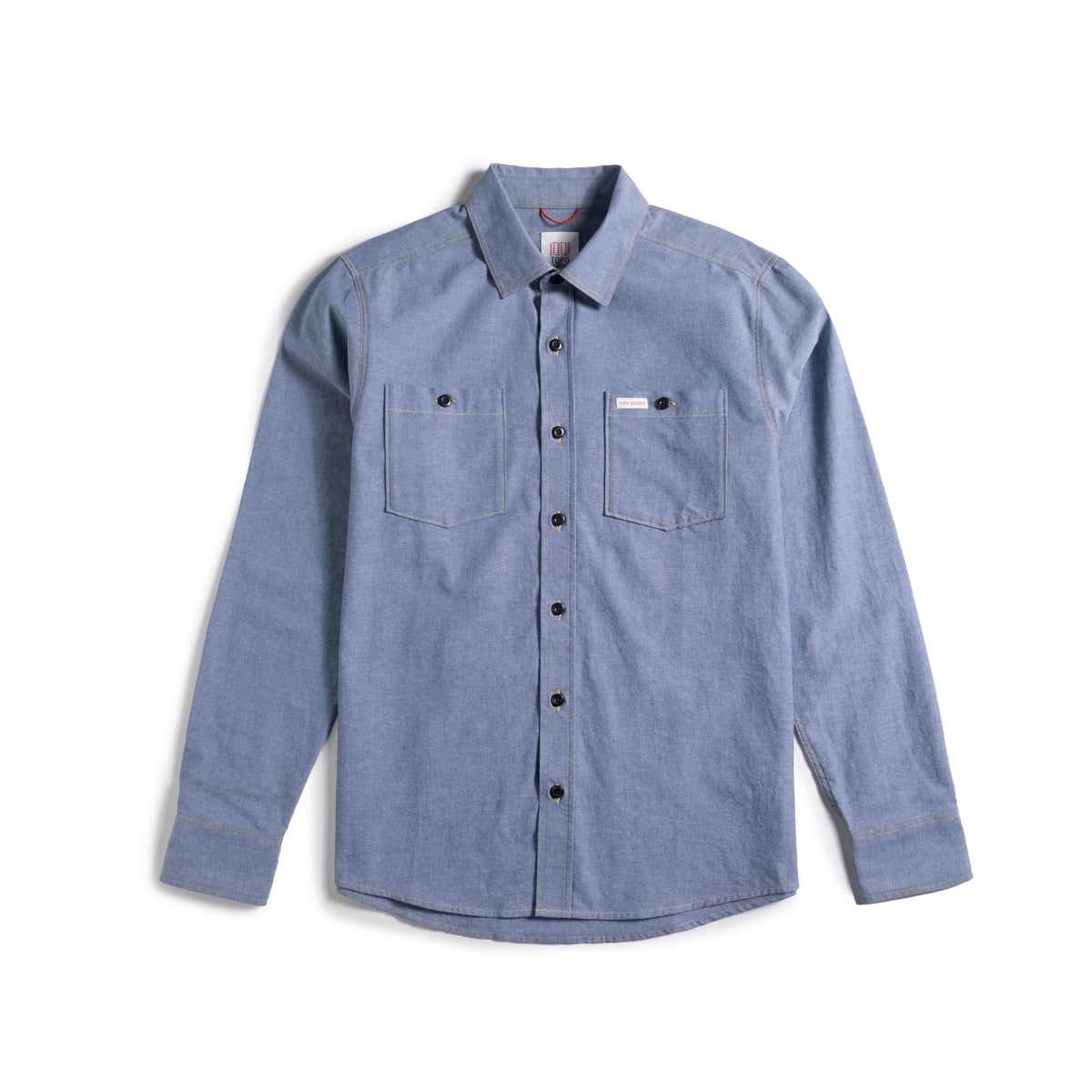 Front shot of Topo Designs Utility Shirt Chambray - Men's in "Blue Chambray"