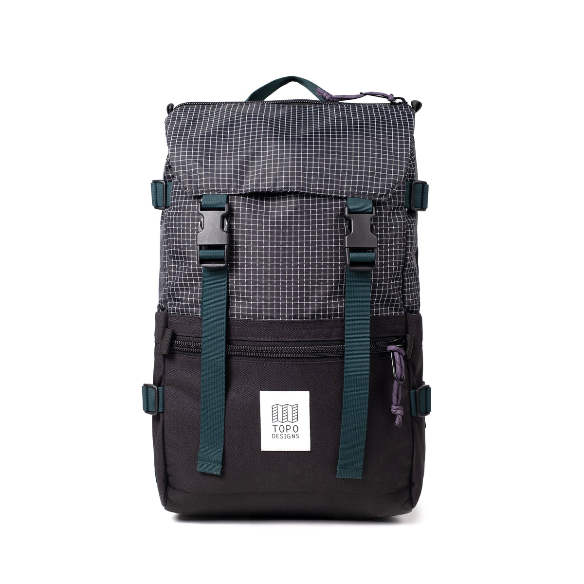 Front View of Topo Designs Rover Pack Classic in "Black / White Grid"