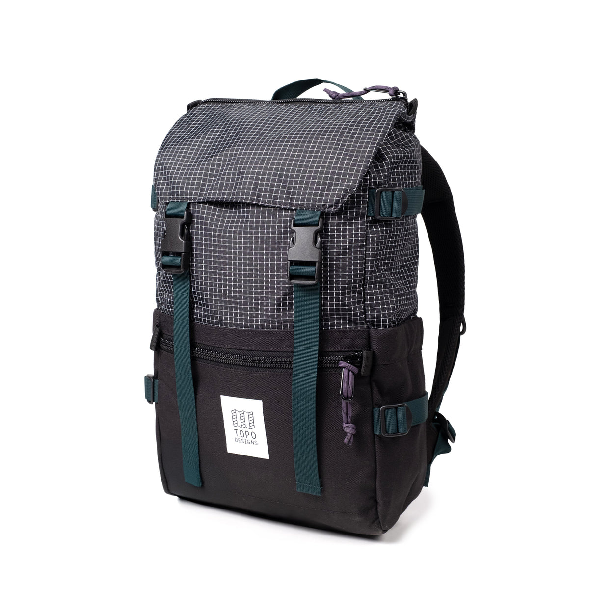 Front View of Topo Designs Rover Pack Classic in "Black / White Grid"