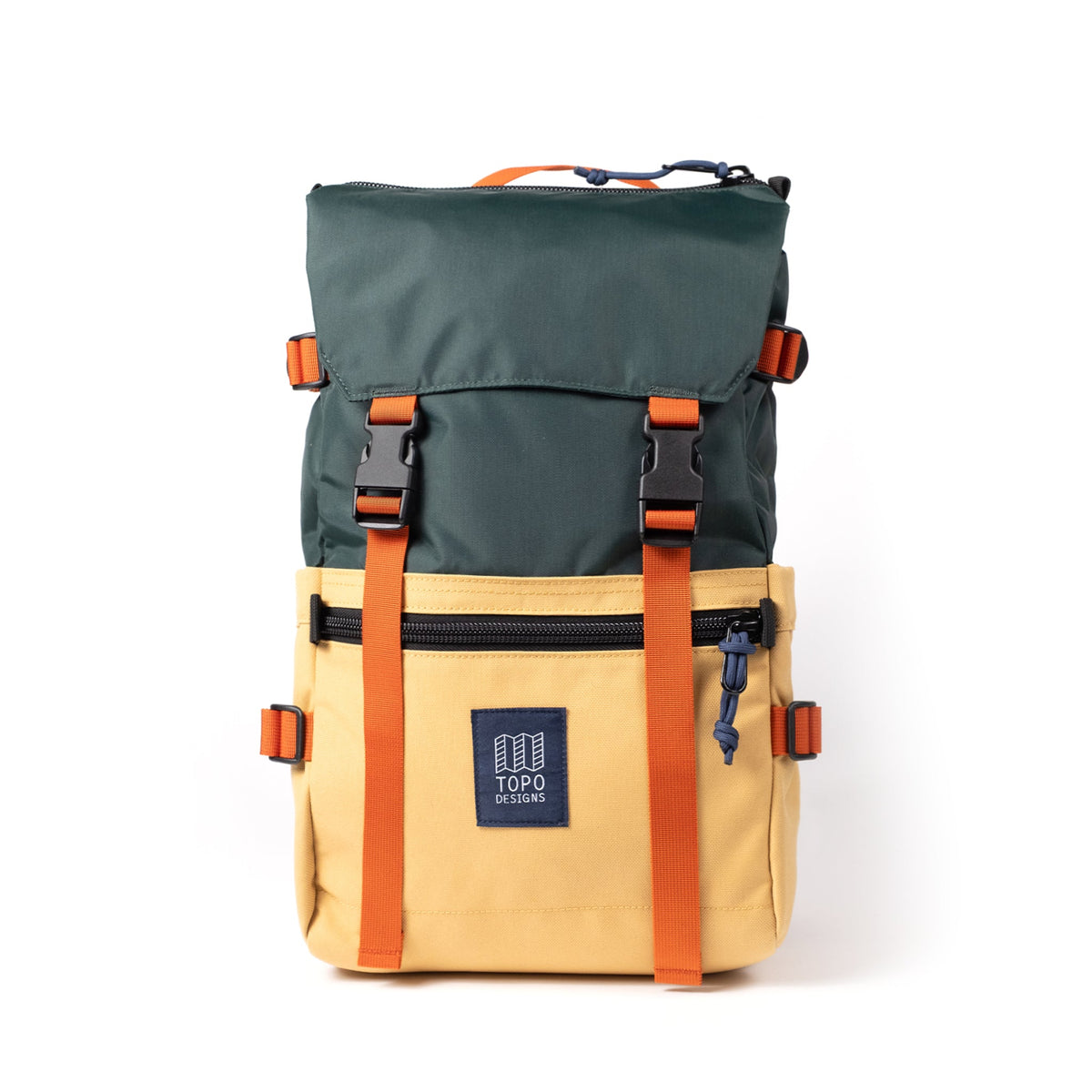 Front View of Topo Designs Rover Pack Classic in "Forest / Goldenrod"
