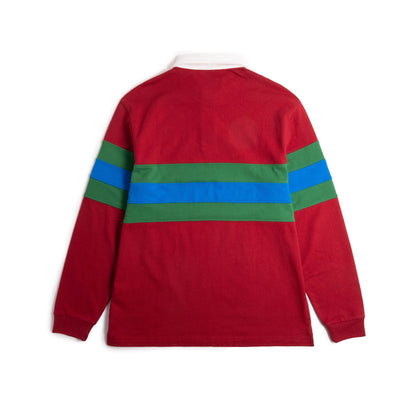 Back view of Topo Designs x Colorado Rapids Mountain Rugby Shirt in "Rio Red"