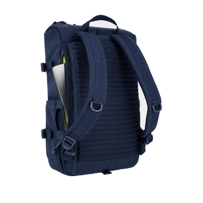 General Back Detail Shot of the Topo Designs Rover Pack Tech in "Navy" showing external access to padded laptop sleeve and RidgeBack™️ back panel and backpack straps
